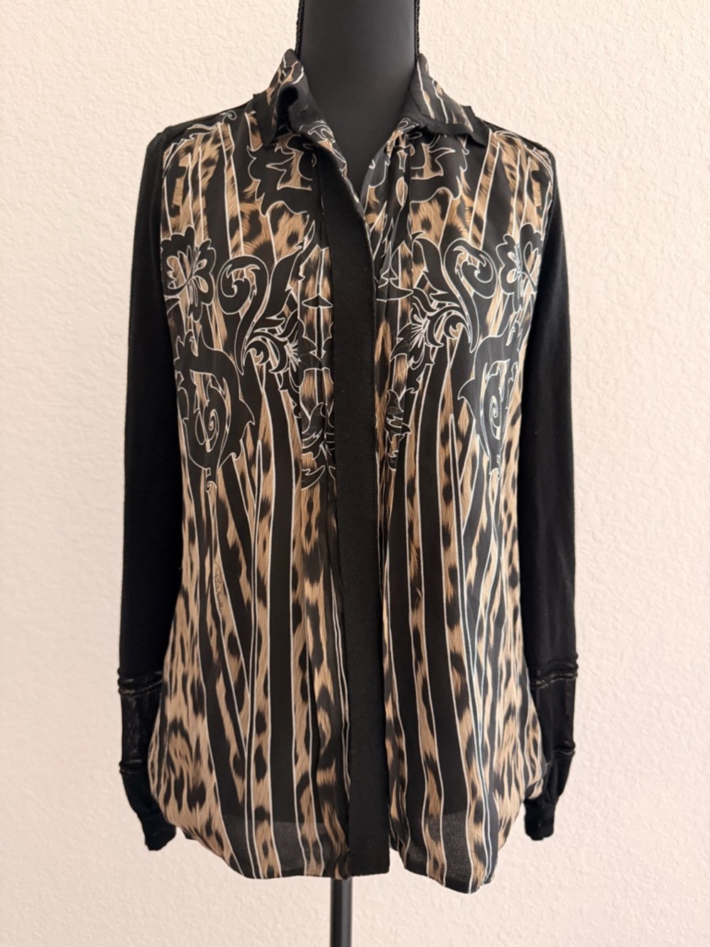 Roberto Cavalli 100% Silk Black Printed Blouse | Knit Button Front Designer Top